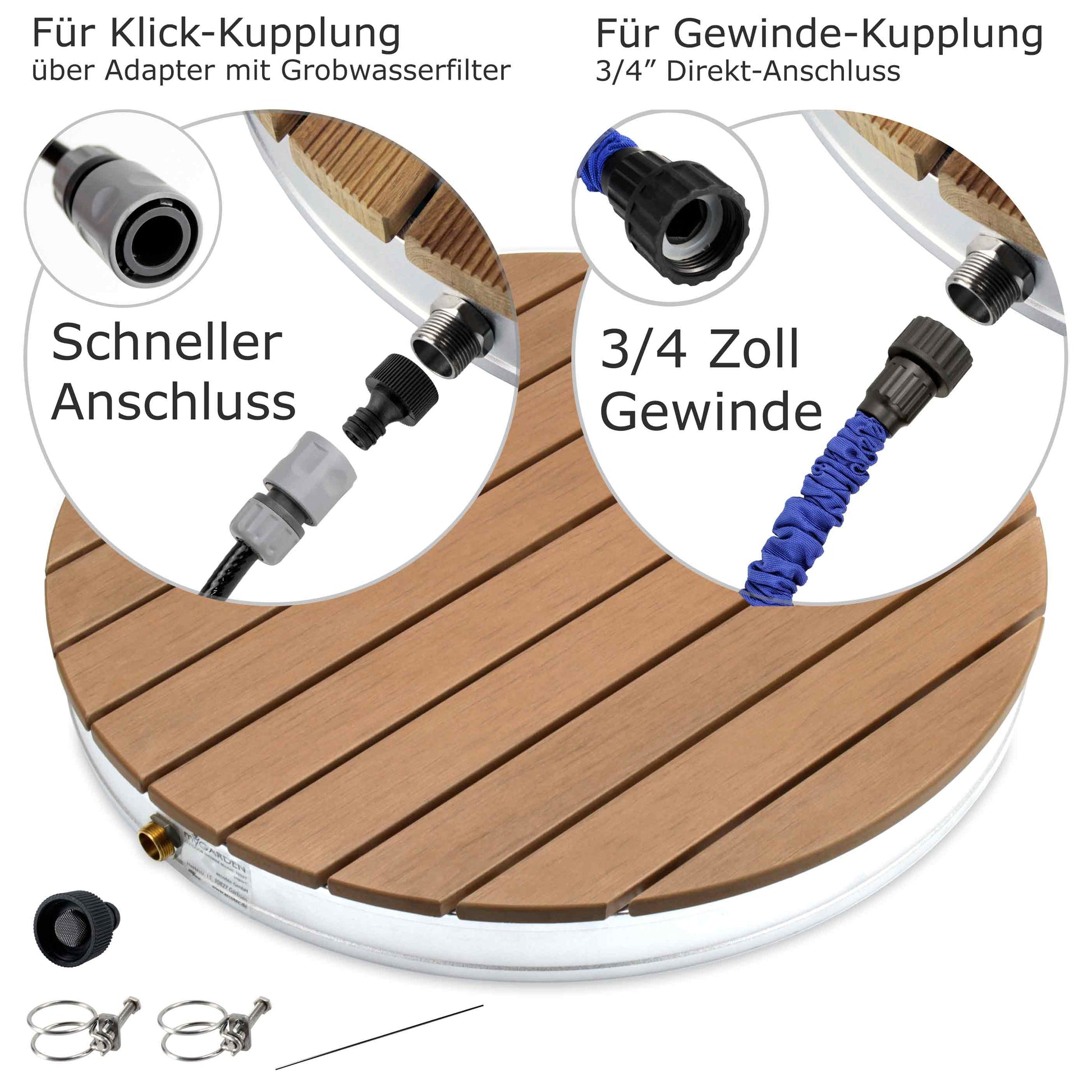 Runde WPC Bodendusche Gartendusche mit 3/4 Zoll Gewinde  oder Klick-Kupplung 