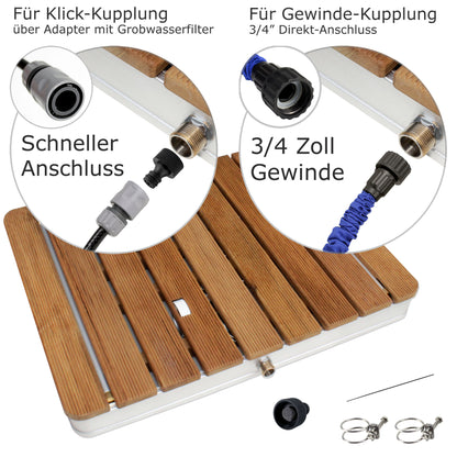 Eckige Bodendusche aus Teakholz - Wasseranschluss